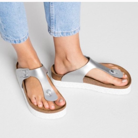 Birkenstock Shoes - Birkenstock Papillio Gizeh Silver Platform Sandals